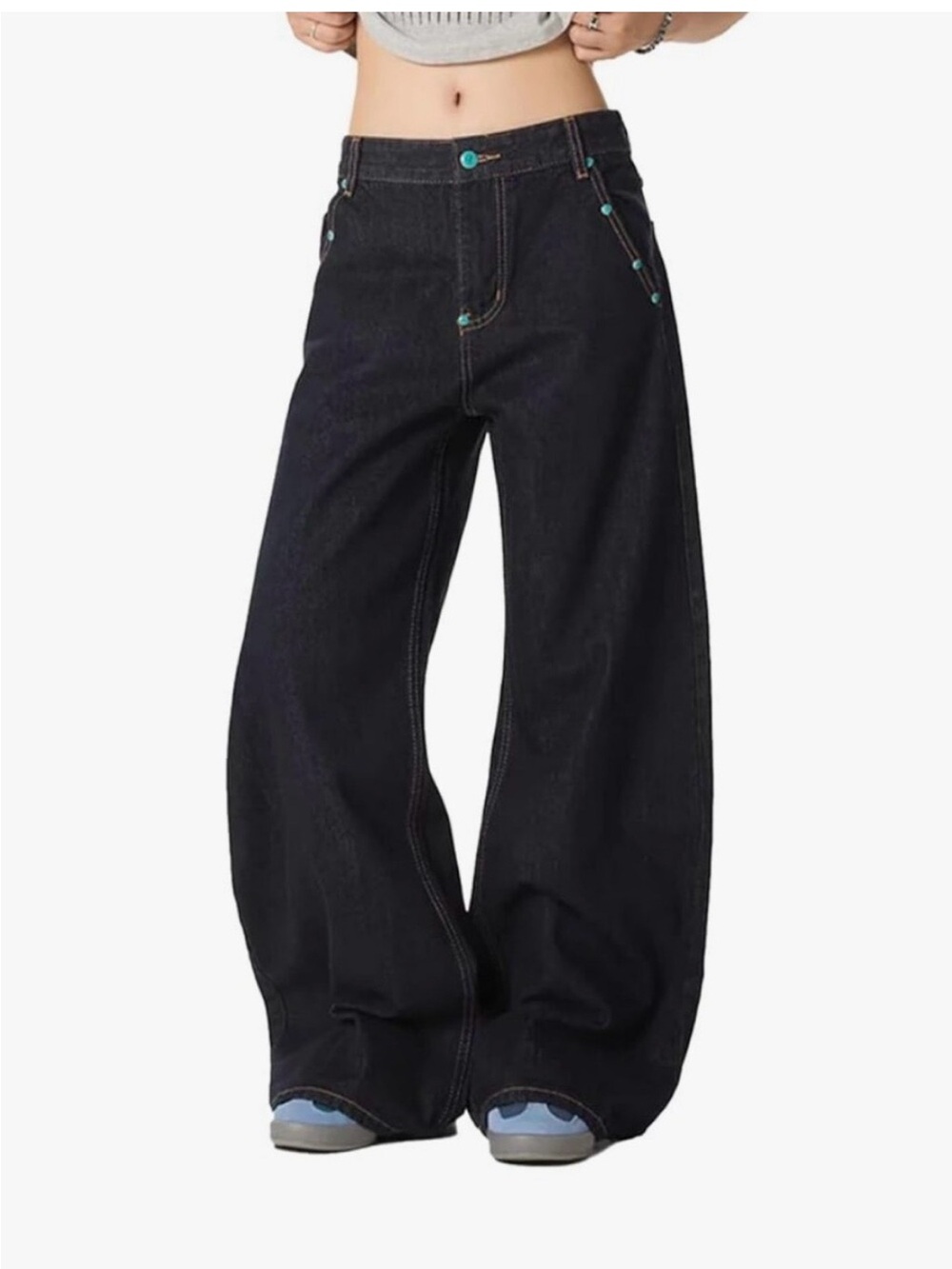 Aelfric Eden Black Barrel High-Rise Jeans with Turquoise Accents